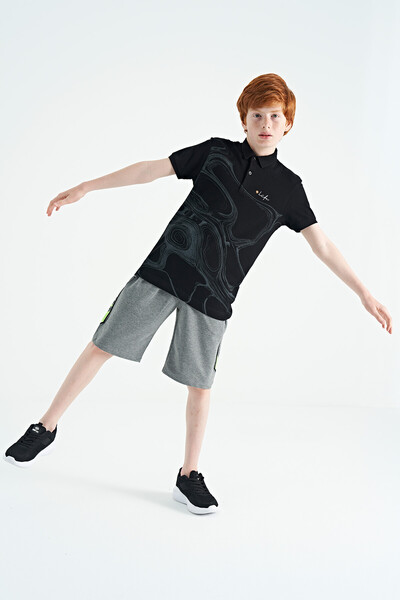 Tommylife Toptan Garson Boy Polo Yaka Standart Kalıp Baskılı Erkek Çocuk T-Shirt 11165 Siyah - Thumbnail