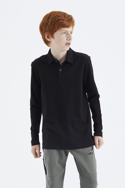 Tommylife Toptan Garson Boy Polo Yaka Standart Kalıp Erkek Çocuk Sweatshirt 11170 Siyah - Thumbnail
