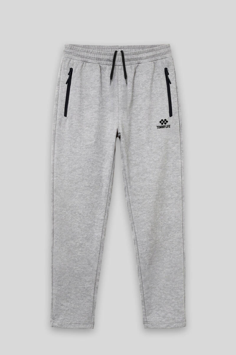 TOMMYLIFE - Tommylife Toptan Gri Melanj Basic Belden Bağcıklı Klasik Paça Erkek Büyük Beden Eşofman Alt - 84844
