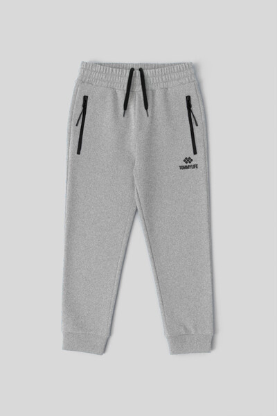 TOMMYLIFE - Tommylife Toptan Gri Melanj Basic Fermuar Cepli Belden Bağcıklı Jogger Erkek Çocuk Eşofman Alt - 10798