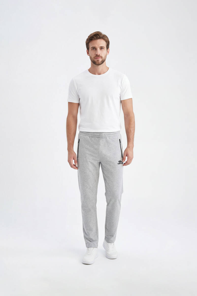 TOMMYLIFE - Tommylife Toptan Gri Melanj Basic Fermuar Cepli Klasik Paça Büyük Beden Erkek Eşofman Alt - 84508