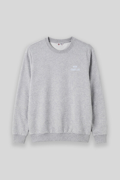 TOMMYLIFE - Tommylife Toptan Gri Melanj Basic O Yaka Büyük Beden Erkek Sweatshirt - 88126