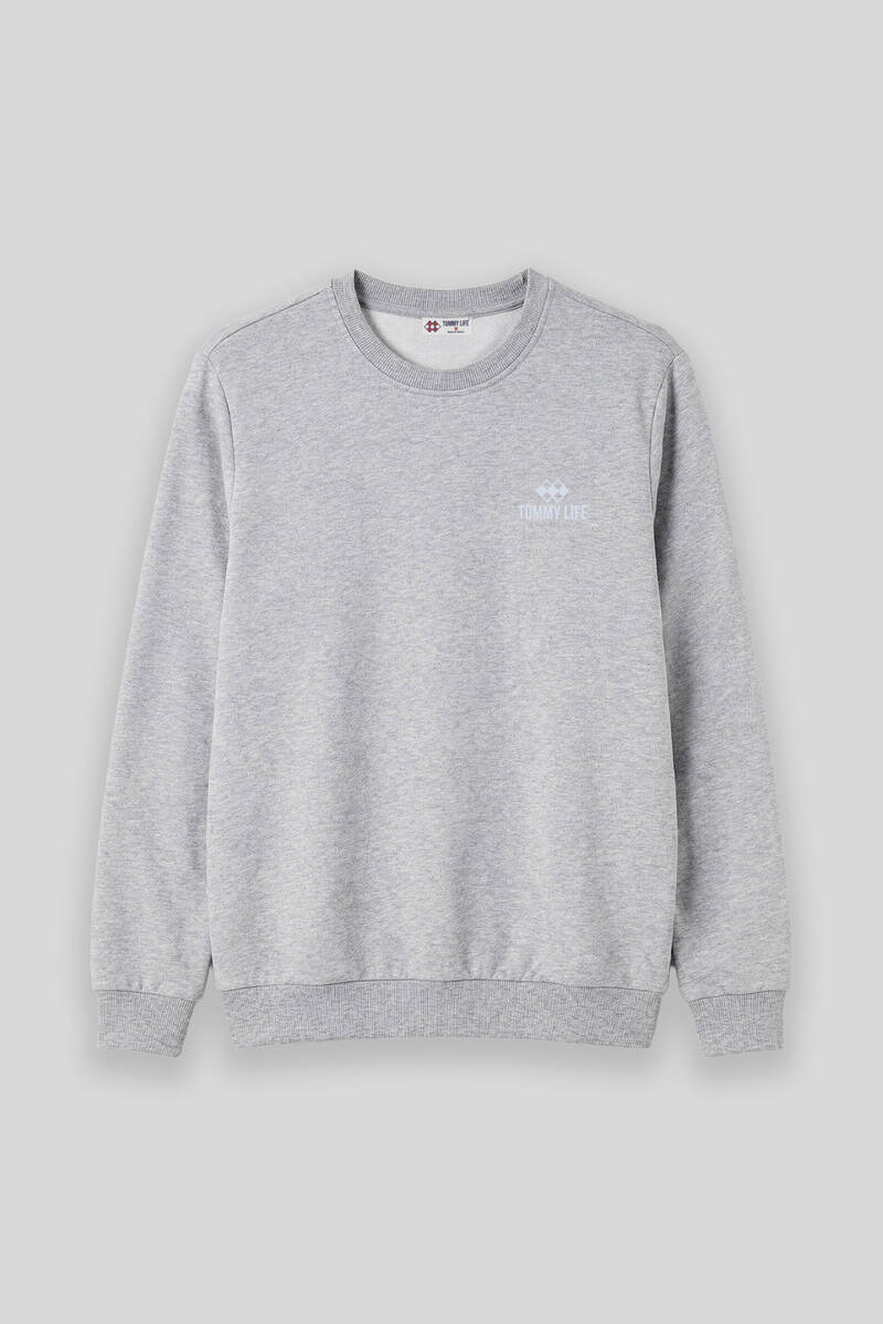 TOMMYLIFE - Tommylife Toptan Gri Melanj Basic O Yaka Büyük Beden Erkek Sweatshirt - 88126
