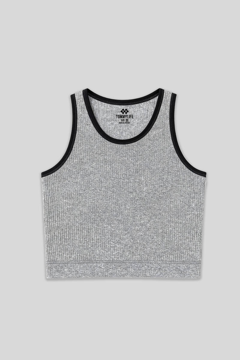 TOMMYLIFE - Tommylife Toptan Gri Melanj Basic Sıfır Kol Dar Kalıp U Yaka Kadın Crop Top - 97160