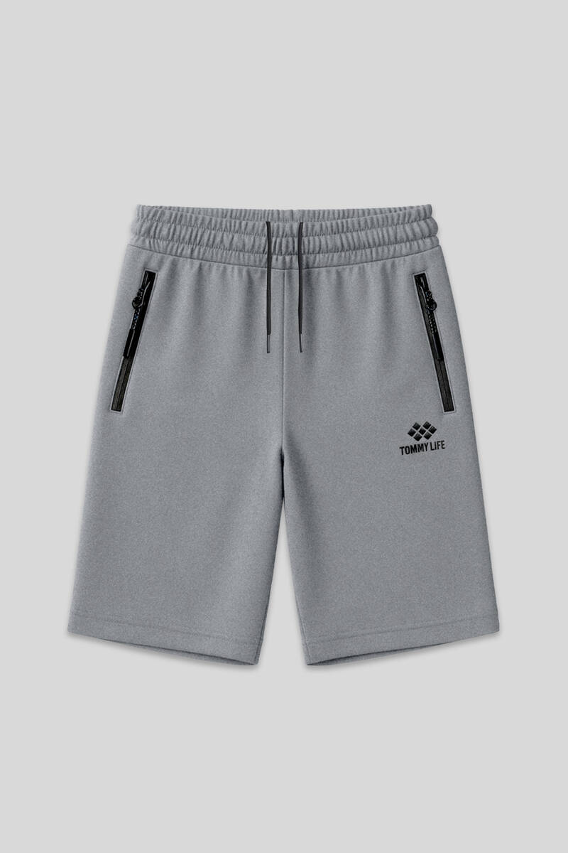 TOMMYLIFE - Tommylife Toptan Gri Melanj Büyük Beden Fermuar Cep Detaylı Standart Kalıp Erkek Şort - 81151