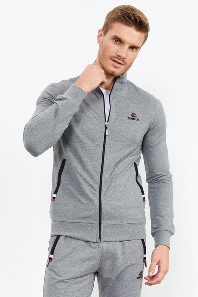 Tommylife Toptan Gri Melanj Dik Yaka Fermuarlı Rahat Form Klasik Paça Erkek Eşofman Takımı - 85072 - Thumbnail