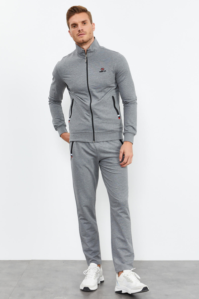 Tommylife Toptan Gri Melanj Dik Yaka Fermuarlı Rahat Form Klasik Paça Erkek Eşofman Takımı - 85072 - Thumbnail