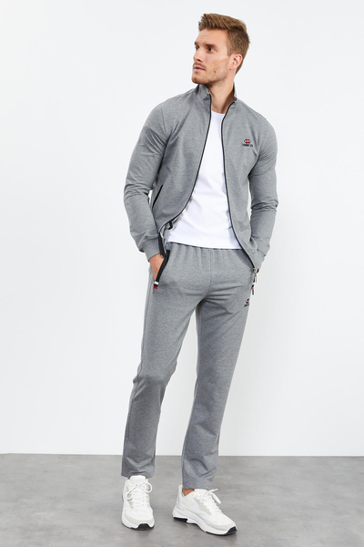 Tommylife Toptan Gri Melanj Dik Yaka Fermuarlı Rahat Form Klasik Paça Erkek Eşofman Takımı - 85072 - Thumbnail