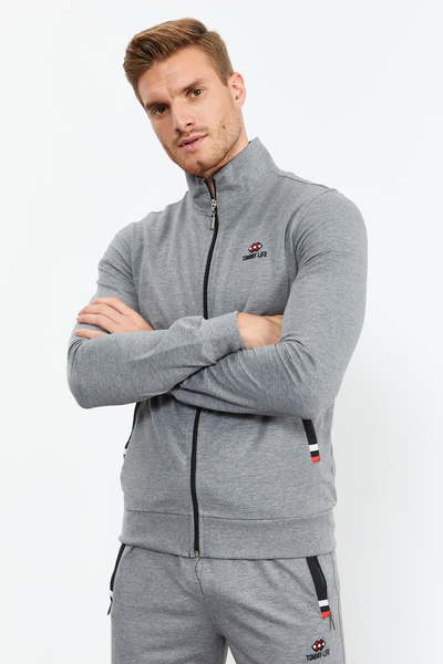 Tommylife Toptan Gri Melanj Dik Yaka Fermuarlı Rahat Form Klasik Paça Erkek Eşofman Takımı - 85072 - Thumbnail