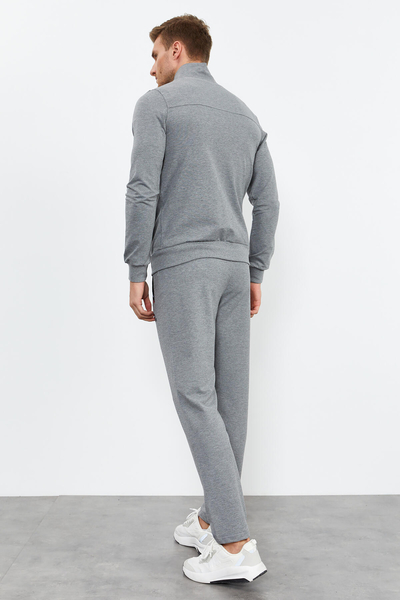 Tommylife Toptan Gri Melanj Dik Yaka Fermuarlı Rahat Form Klasik Paça Erkek Eşofman Takımı - 85072 - Thumbnail