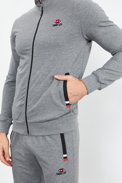 Tommylife Toptan Gri Melanj Dik Yaka Fermuarlı Rahat Form Klasik Paça Erkek Eşofman Takımı - 85072 - Thumbnail