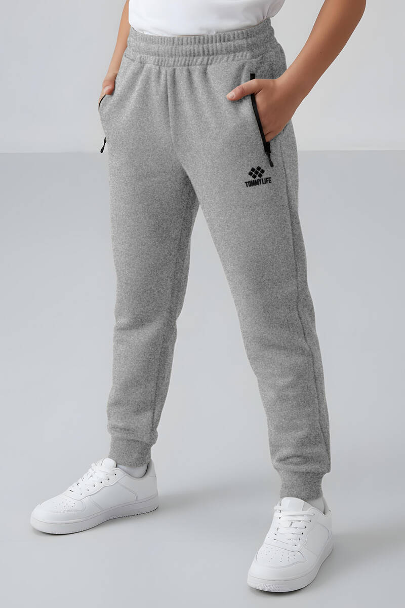 TOMMYLIFE - Tommylife Toptan Gri Melanj Erkek Çocuk Jogger Fermuarlı Cep Standart Kalıp Manşetli Eşofman Alt - 64042