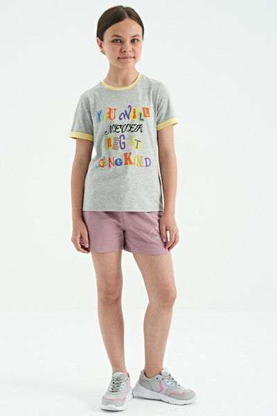 Tommylife Toptan Gri Melanj Renkli Yazı Detaylı O Yaka Rahat Form Kız Çocuk T-Shirt - 75109 - Thumbnail