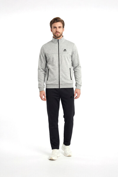 TOMMYLIFE - Tommylife Toptan Gri Melanj - Siyah Dik Yaka Klasik Paça Büyük Beden Erkek Eşofman Takım - 85176