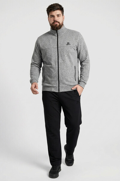 TOMMYLIFE - Tommylife Toptan Gri Melanj - Siyah Dik Yaka Klasik Paça Büyük Beden Erkek Eşofman Takım - 85176