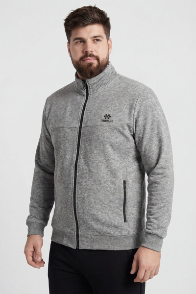 Tommylife Toptan Gri Melanj - Siyah Dik Yaka Klasik Paça Büyük Beden Erkek Eşofman Takım - 85176 - Thumbnail