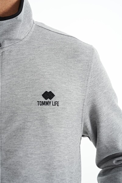 Tommylife Toptan Gri Melanj - Siyah Logo Nakışlı Dik Yaka Fermuarlı Gizli Cep Detaylı Erkek Eşofman Takım - 85201 - Thumbnail