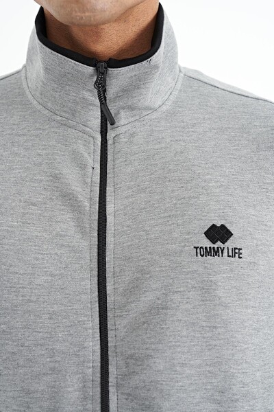 Tommylife Toptan Gri Melanj - Siyah Logo Nakışlı Dik Yaka Fermuarlı Gizli Cep Detaylı Erkek Eşofman Takım - 85201 - Thumbnail