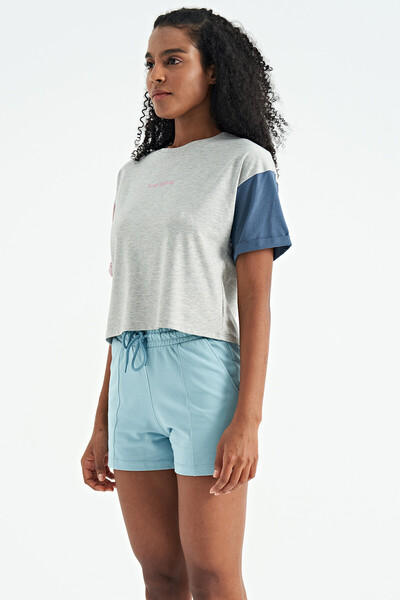 Tommylife Toptan Gri Melanj Üç Renk Düşük Omuzlu Oversize Baskılı Crop Kadın T-Shirt - 02266 - Thumbnail