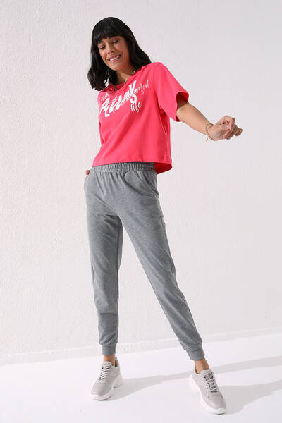 TOMMYLIFE - Tommylife Toptan Gri Melanj Yüksek Bel Jogger Rahat Form Manşetli Kadın Eşofman Alt - 94561