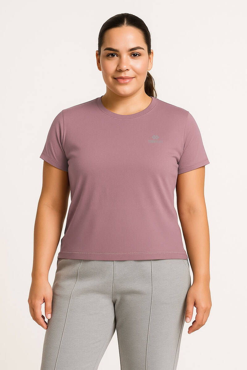 TOMMYLIFE - Tommylife Toptan Gül Kurusu O Yaka Basic Battal Büyük Beden Kadın T-Shirt - 97308