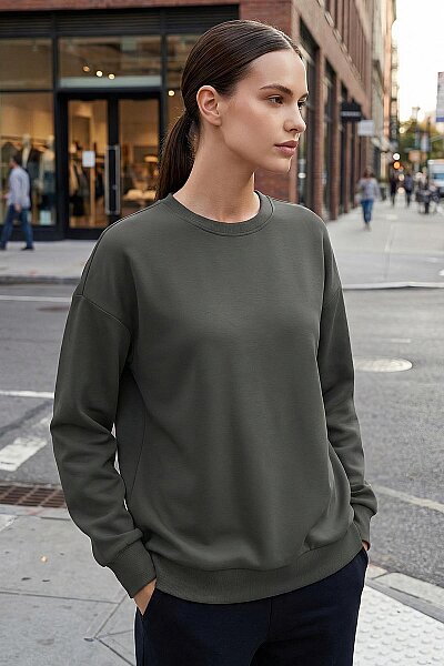 Tommylife Toptan Haki Basic O Yaka Oversize Kadın Sweatshirt - 97053