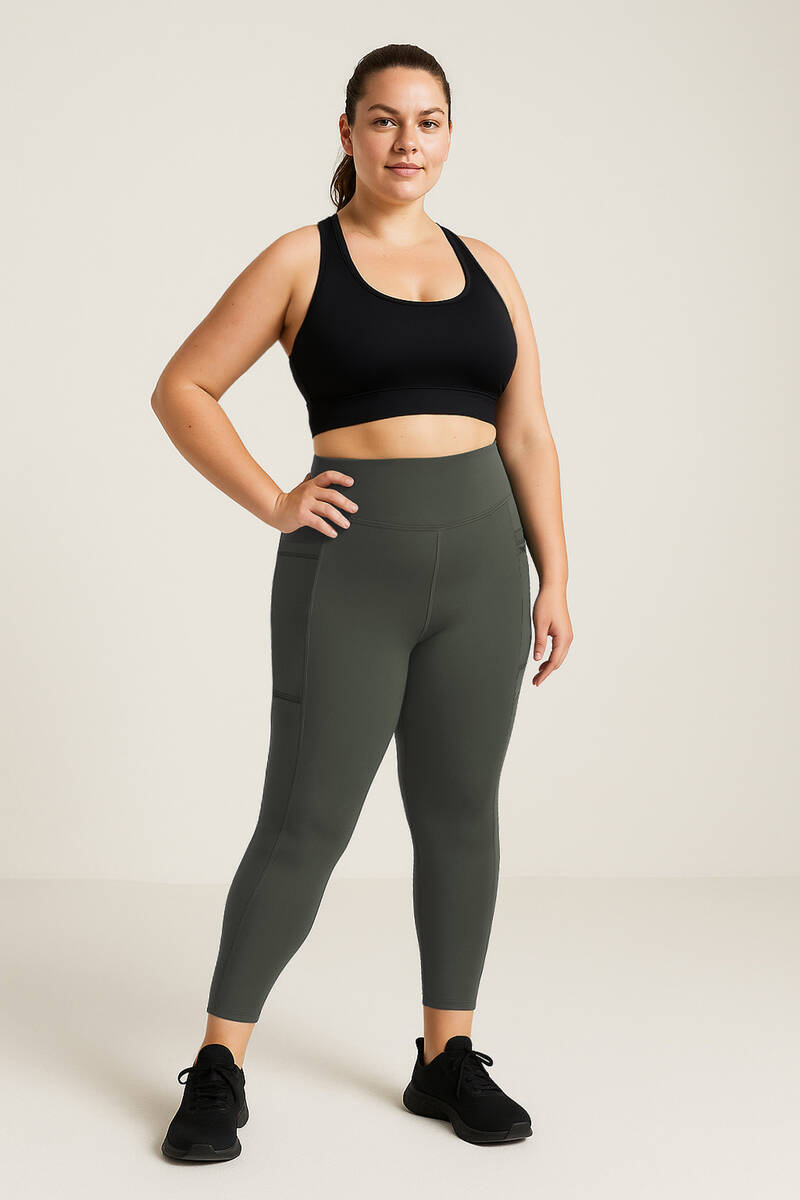 TOMMYLIFE - Tommylife Toptan Haki Esnek Standart Fit Performans Battal Büyük Beden Kadın Tayt - 94652