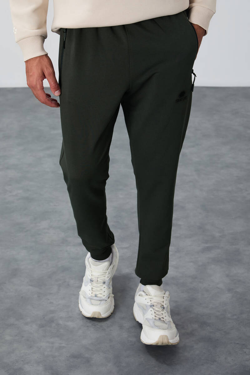 TOMMYLIFE - Tommylife Toptan Haki Fermuar Cepli Standart Kalıp Jogger Erkek Eşofman Alt - 84651