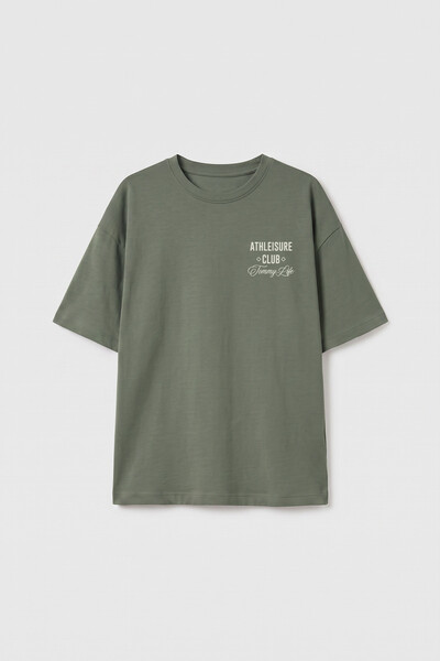 TOMMYLIFE - Tommylife Toptan Haki Oversize Kısa Kollu Baskılı Kız Çocuk T-Shirt - 75175