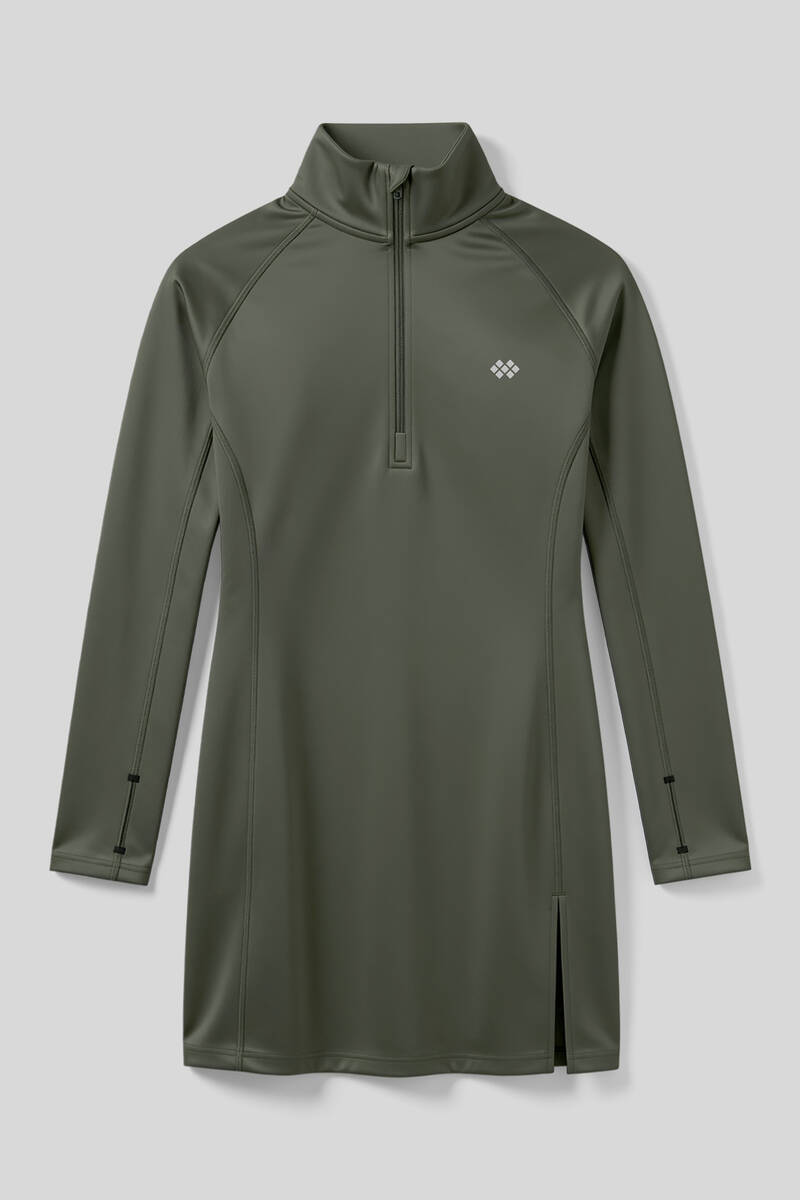 TOMMYLIFE - Tommlife Toptan Haki Yarım Fermuarlı Dik Yaka Standart Fit Kadın Sporcu Tunik - 97309