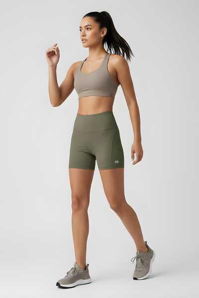 TOMMYLIFE - Tommlife Toptan Haki Yüksek Bel Slim Fit Kısa Biker Kadın Tayt - 91017