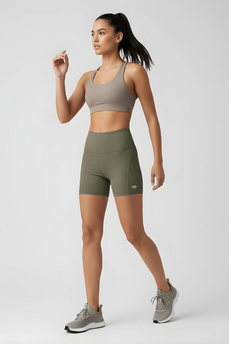 TOMMYLIFE - Tommlife Toptan Haki Yüksek Bel Slim Fit Kısa Biker Kadın Tayt - 91017