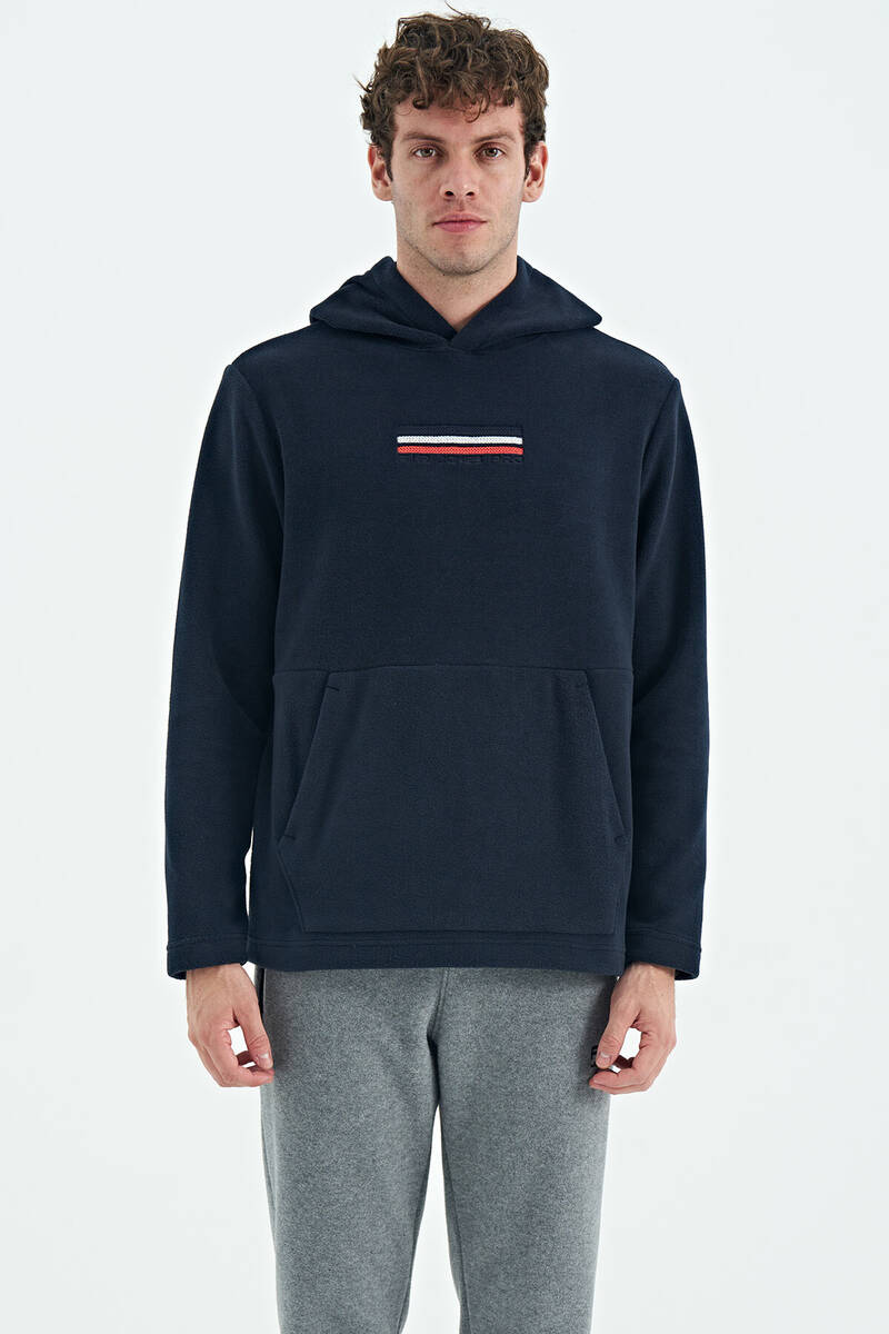 TOMMYLIFE - Tommylife Toptan Hern Kapüşonlu Standart Kalıp Nakışlı Erkek Polar Sweatshirt 88301 Lacivert