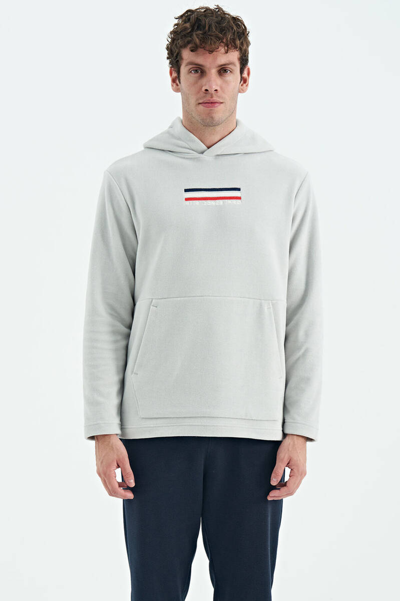 TOMMYLIFE - Tommylife Toptan Hern Kapüşonlu Standart Kalıp Nakışlı Erkek Polar Sweatshirt 88301 Taş