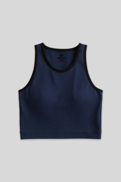 TOMMYLIFE - Tommylife Toptan İndigo Basic Sıfır Kol Dar Kalıp U Yaka Kadın Crop Top Atlet - 97162
