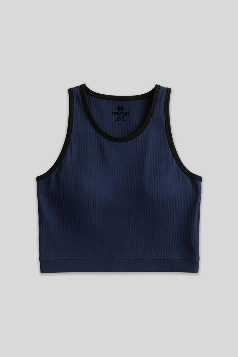 TOMMYLIFE - Tommylife Toptan İndigo Basic Sıfır Kol Dar Kalıp U Yaka Kadın Crop Top Atlet - 97162