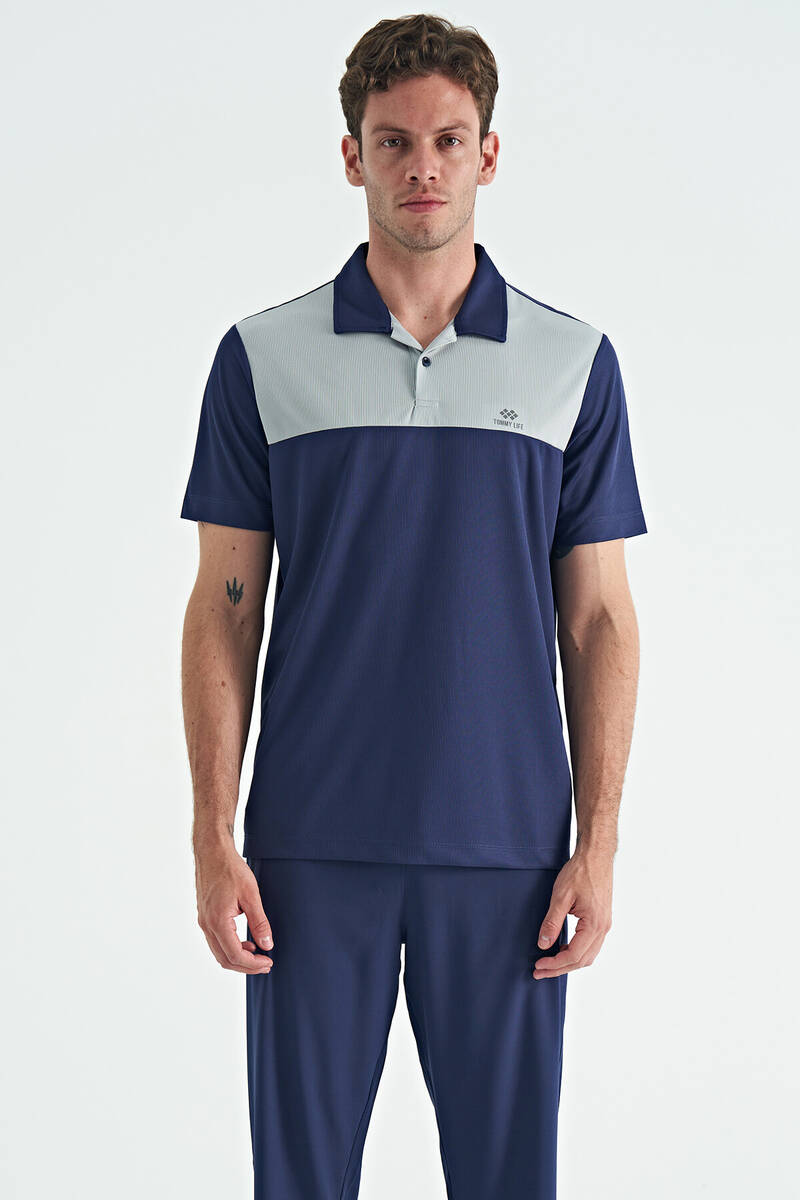 TOMMYLIFE - Tommylife Toptan İndigo Garni Detaylı Polo Yaka Standart Kalıp Aktif Spor Erkek T-Shirt - 88251
