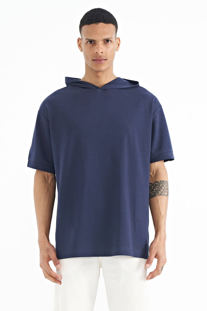 TOMMYLIFE - Tommylife Toptan İndigo Kapüşonlu Kol Etiket Detaylı Oversize Erkek T-Shirt - 88179