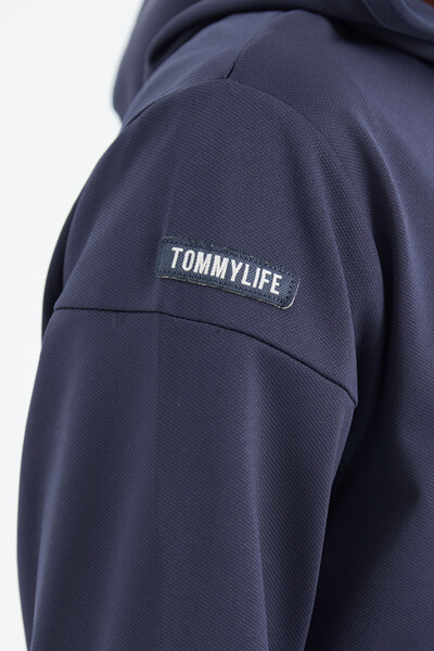 Tommylife Toptan İndigo Kapüşonlu Yarım Fermuarlı Gizli Cep Detaylı Rahat Kalıp Erkek Sweatshirt - 88274 - Thumbnail