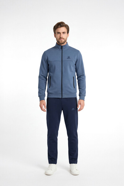 TOMMYLIFE - Tommylife Toptan İndigo - Lacivert Dik Yaka Klasik Paça Büyük Beden Erkek Eşofman Takım - 85176