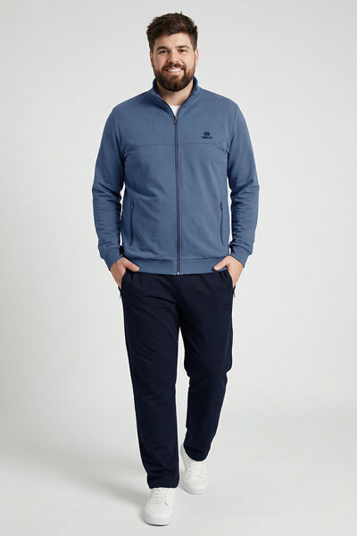 TOMMYLIFE - Tommylife Toptan İndigo - Lacivert Dik Yaka Klasik Paça Büyük Beden Erkek Eşofman Takım - 85176