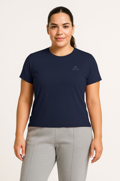 Tommylife Toptan İndigo O Yaka Basic Battal Büyük Beden Kadın T-Shirt - 97308 - Thumbnail