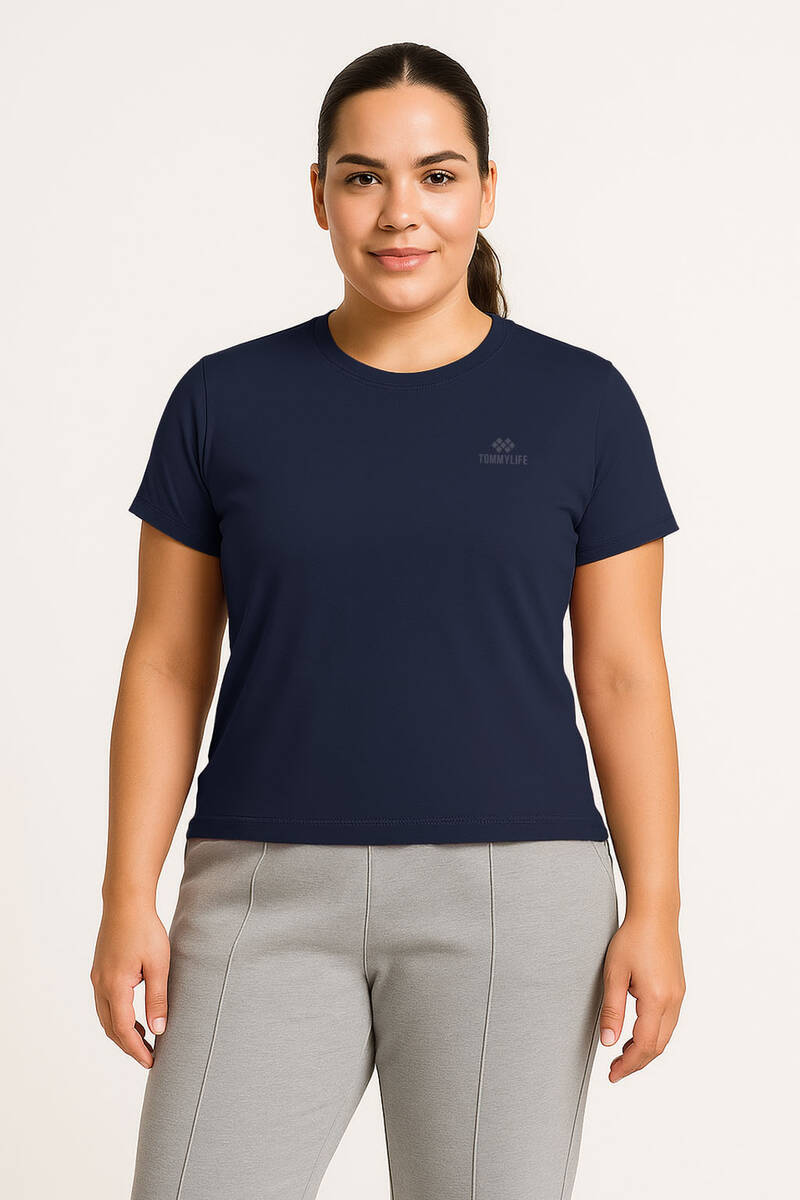 TOMMYLIFE - Tommylife Toptan İndigo O Yaka Basic Battal Büyük Beden Kadın T-Shirt - 97308
