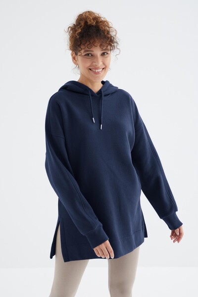 Tommylife Toptan İndigo Reglan Kol Basic Kapüşonlu Oversize Tunik - 97242 - Thumbnail