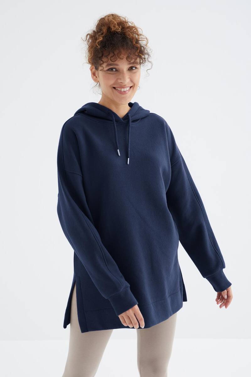 TOMMYLIFE - Tommylife Toptan İndigo Reglan Kol Basic Kapüşonlu Oversize Tunik - 97242