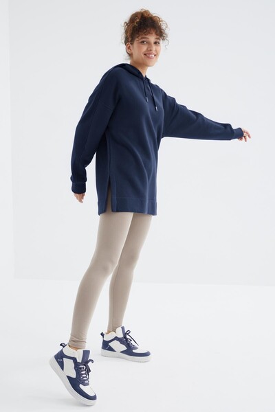 Tommylife Toptan İndigo Reglan Kol Basic Kapüşonlu Oversize Tunik - 97242 - Thumbnail
