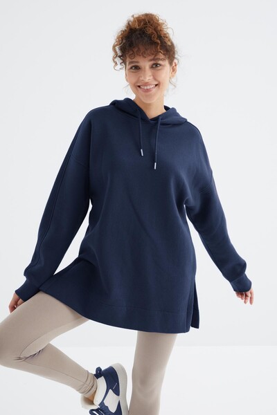 Tommylife Toptan İndigo Reglan Kol Basic Kapüşonlu Oversize Tunik - 97242 - Thumbnail