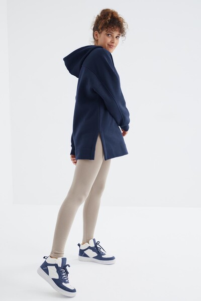 Tommylife Toptan İndigo Reglan Kol Basic Kapüşonlu Oversize Tunik - 97242 - Thumbnail
