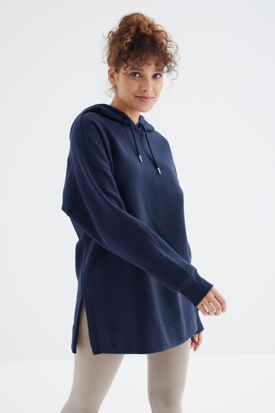 Tommylife Toptan İndigo Reglan Kol Basic Kapüşonlu Oversize Tunik - 97242 - Thumbnail
