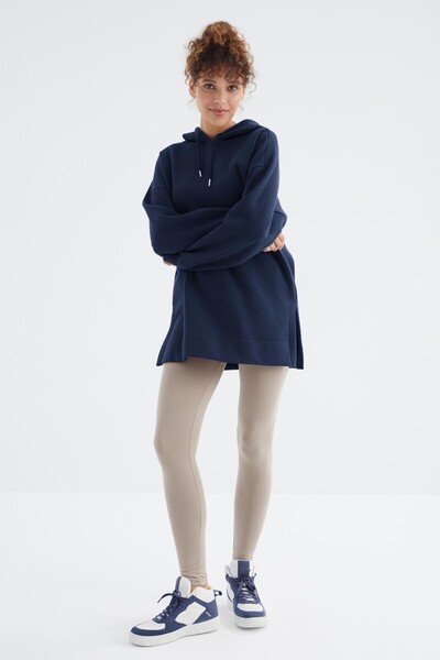 Tommylife Toptan İndigo Reglan Kol Basic Kapüşonlu Oversize Tunik - 97242 - Thumbnail